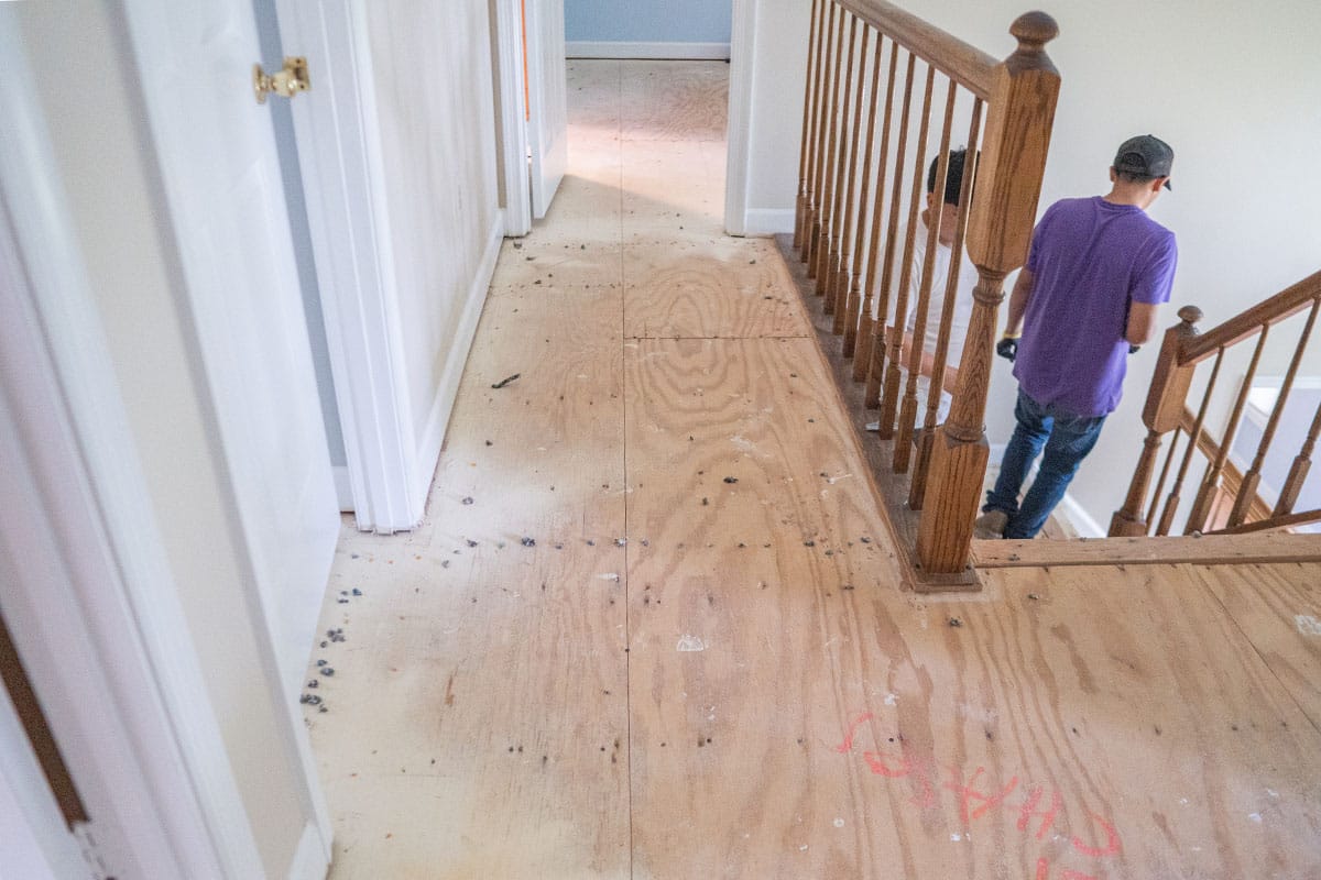 Flooring of the second floor of a Derwood home ready for new wooden flooring installed