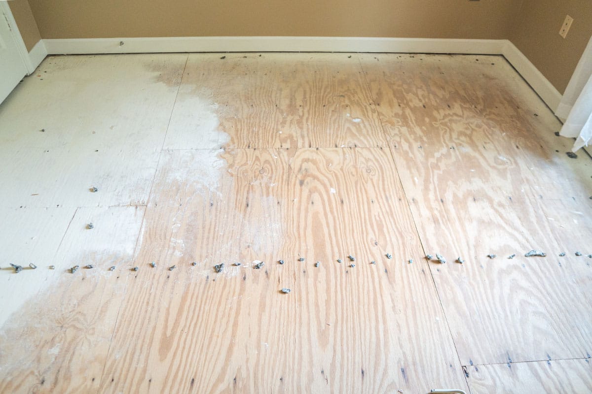 Closeup on subfloor in a guest bedroom located in Derwood, MD