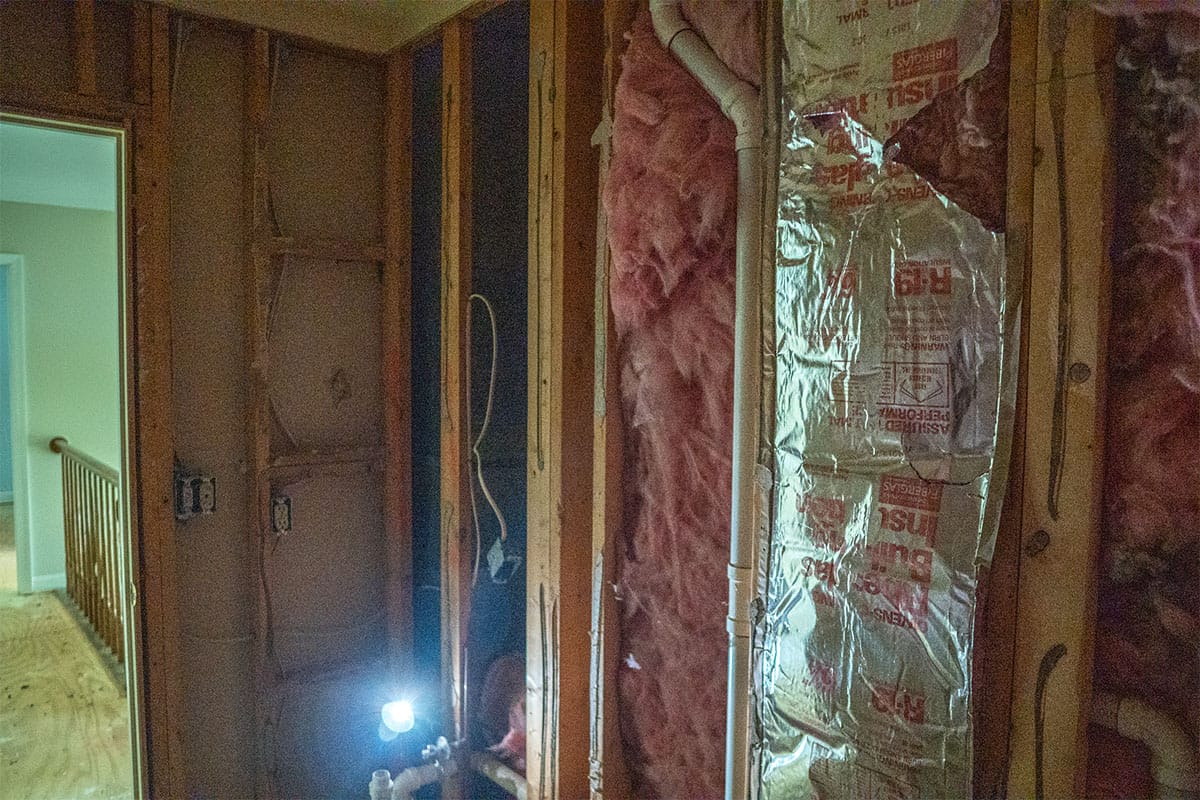 Closeup on wooden framing in a Derwood bathroom